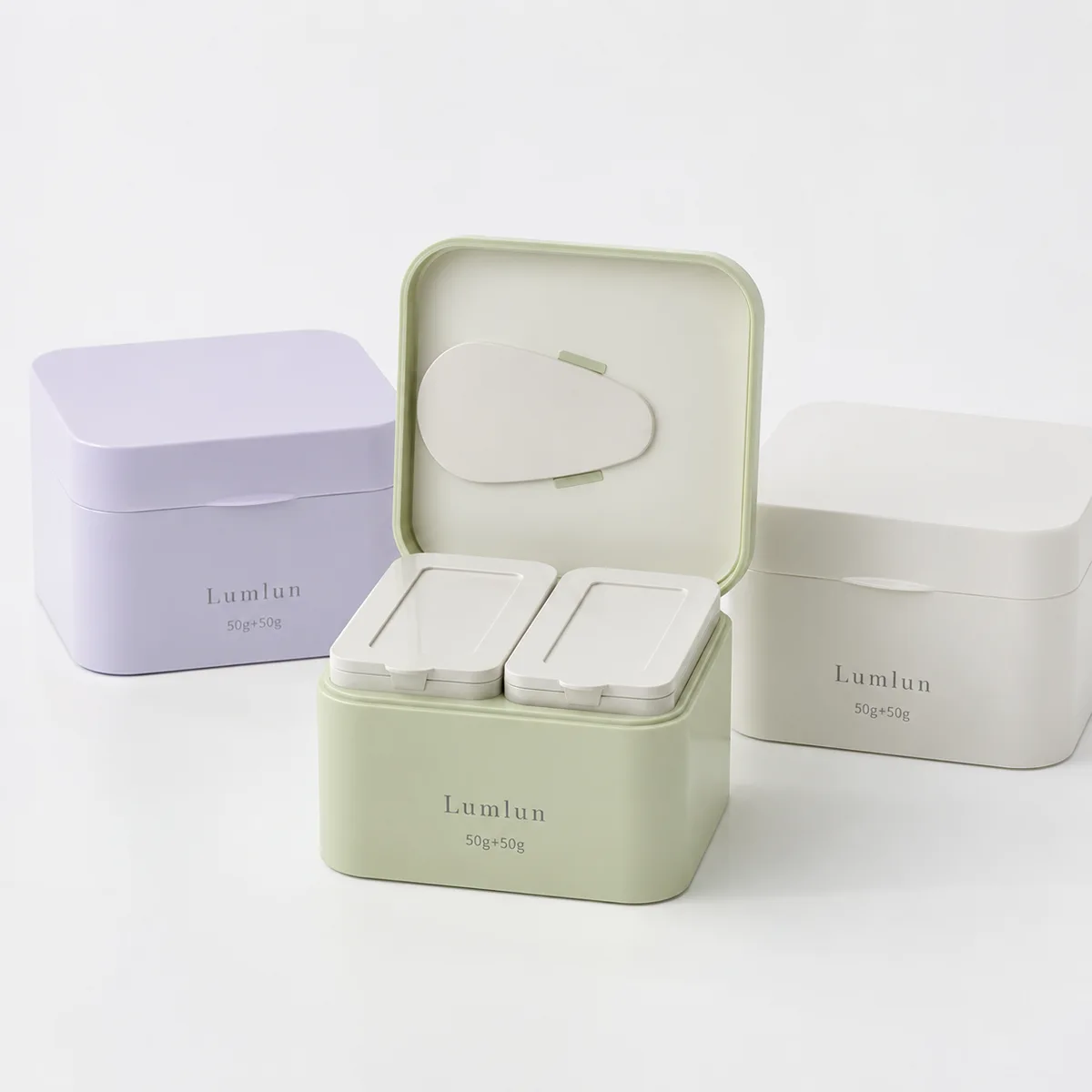 Replaceable dual chamber cream jars with spatula in pastel color options