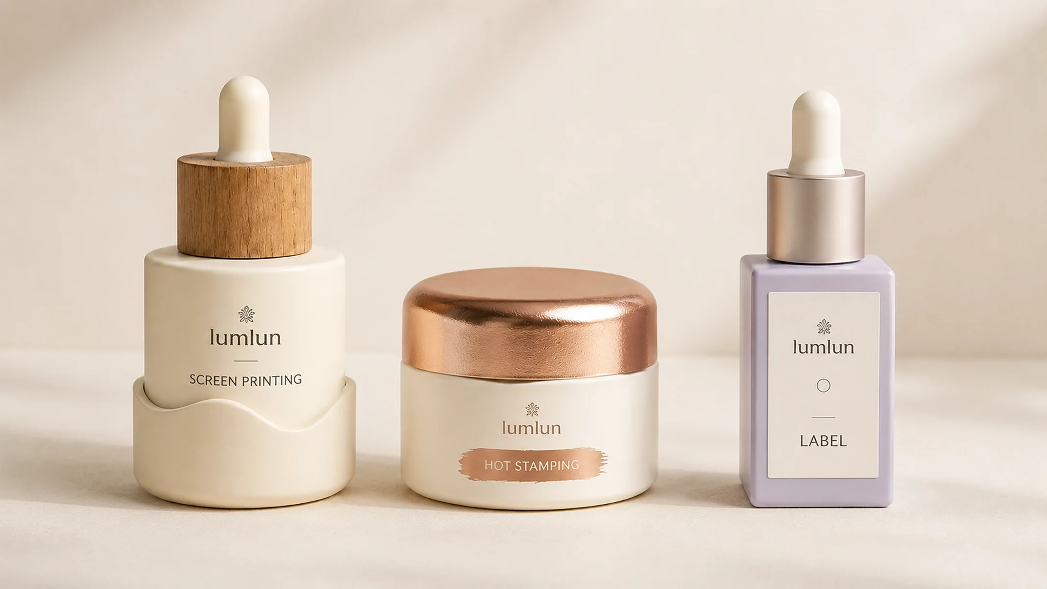 Lumlun cosmetic packaging containers comparing screen printing, hot stamping, and label decoration methods