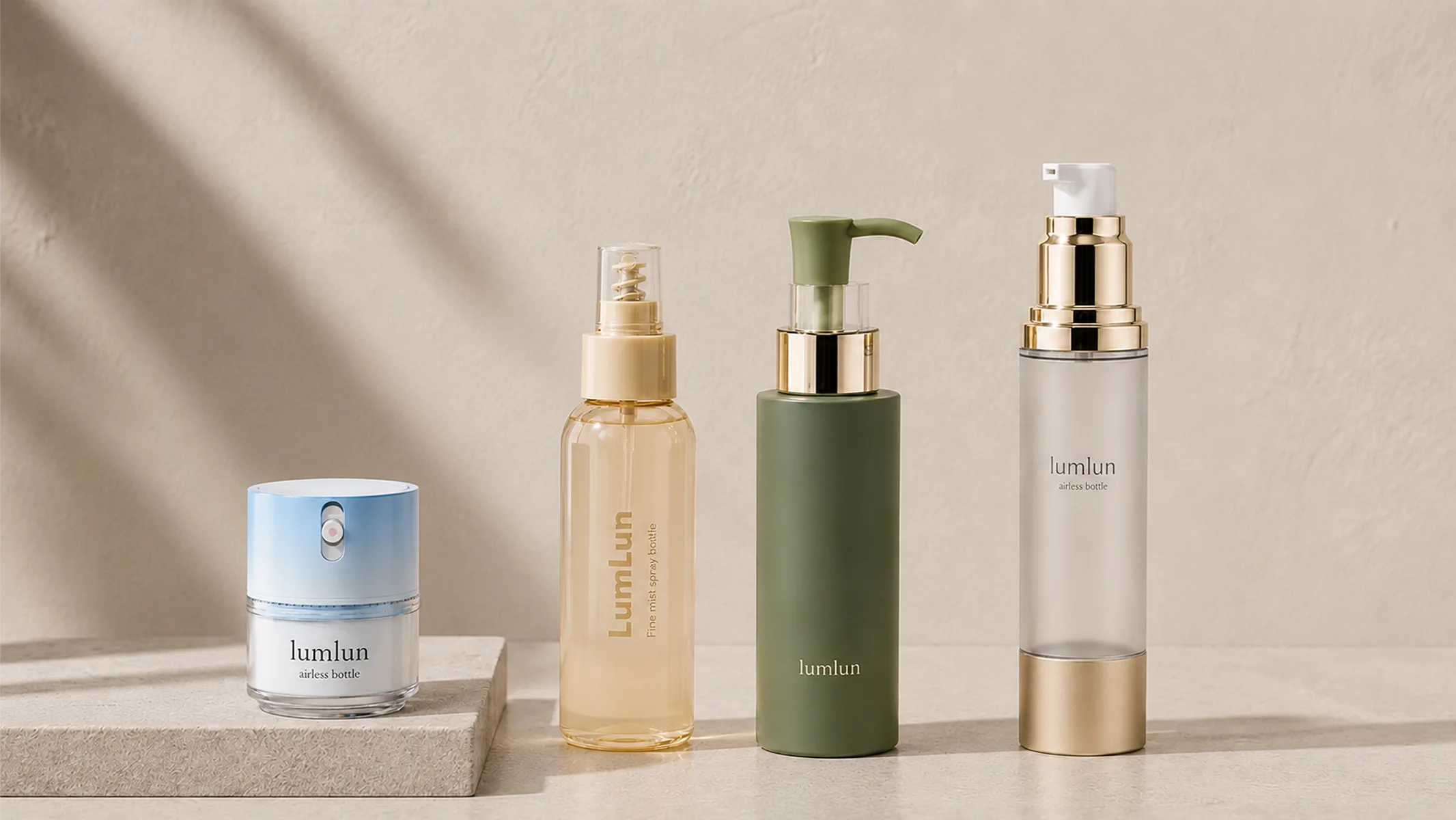 LumLun skincare packaging line showing airless cream pump jar, fine mist spray bottle, lotion pump bottle, and airless pump bottle