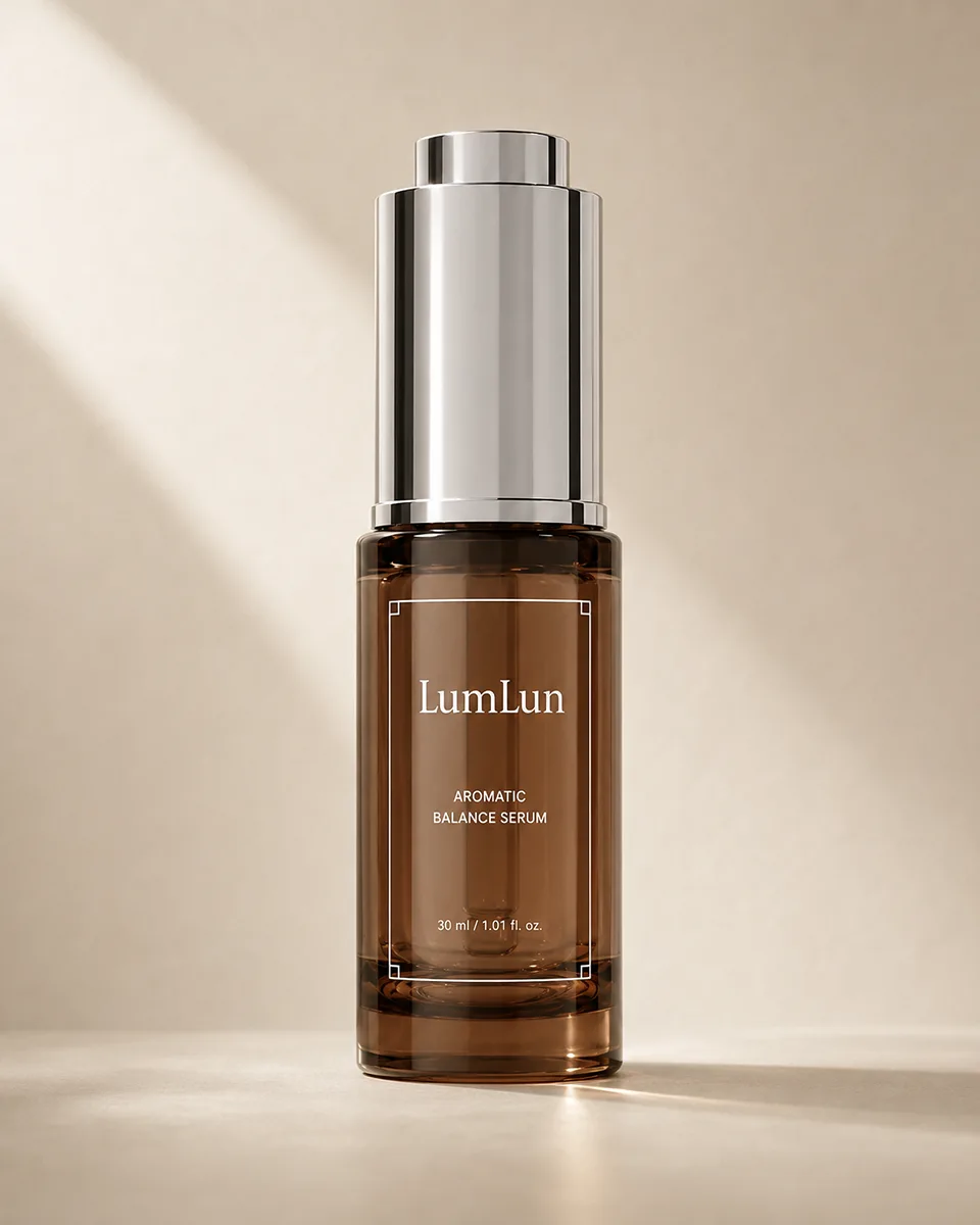 LumLun silk screen logo printing on an amber serum bottle