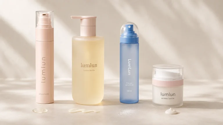 LumLun skincare packaging pump output comparison with airless bottle, lotion bottle, fine mist spray bottle, cream jar, and formula samples