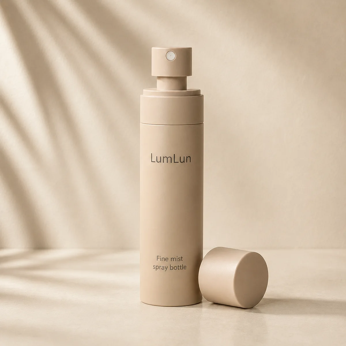Single Lumlun solid PET mist bottle in beige with an open sprayer and matching cap placed beside it.