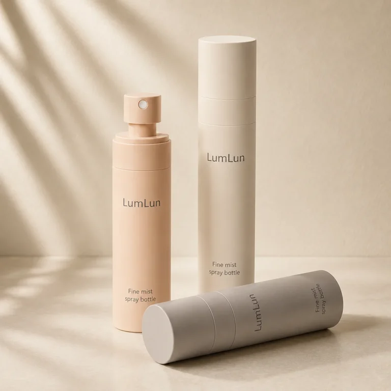 Lumlun solid PET mist bottles in peach, cream, and gray, with one gray bottle lying horizontally.