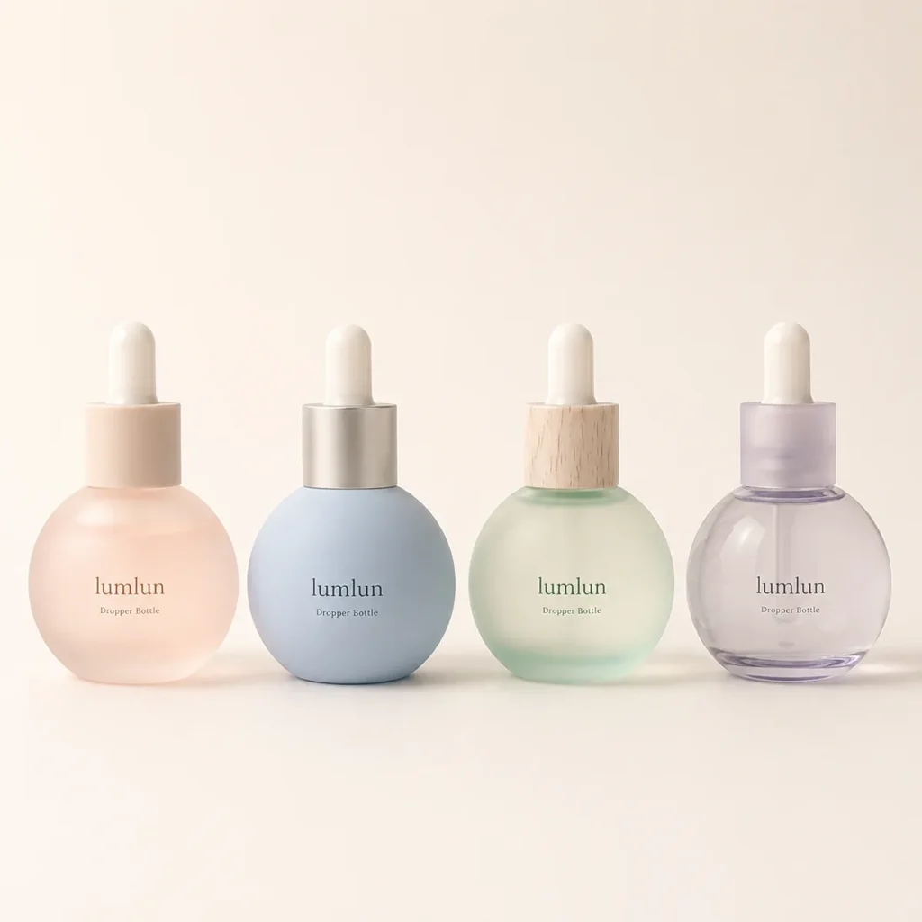 Four LumLun spherical glass dropper bottles in pastel colors with mixed wood and silver caps arranged in a clean lineup.