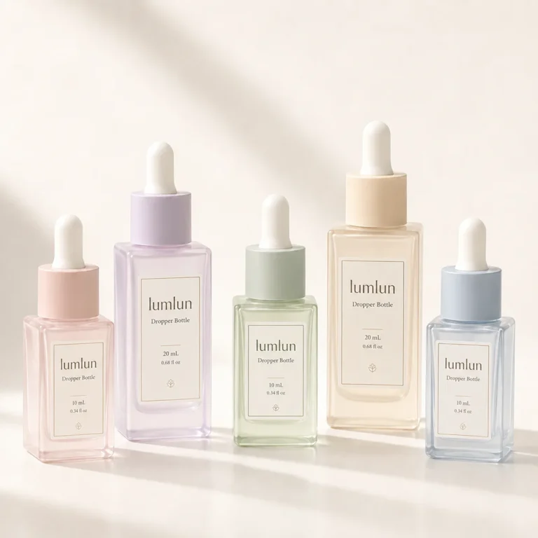 Five square glass dropper bottles in pastel tones with visible 10ml and 20ml labels and mixed cap styles arranged in a clean lineup.