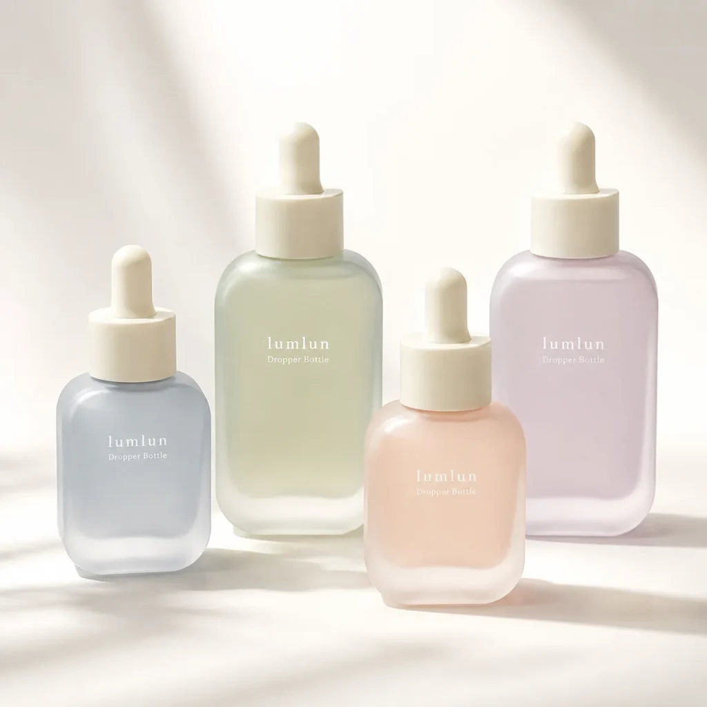 Four frosted square glass dropper bottles in pastel colors arranged together in a soft studio light setup.