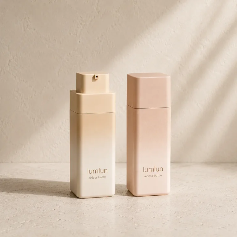 Lumlun square replaceable airless bottles in cream and soft pink, one with exposed side nozzle.