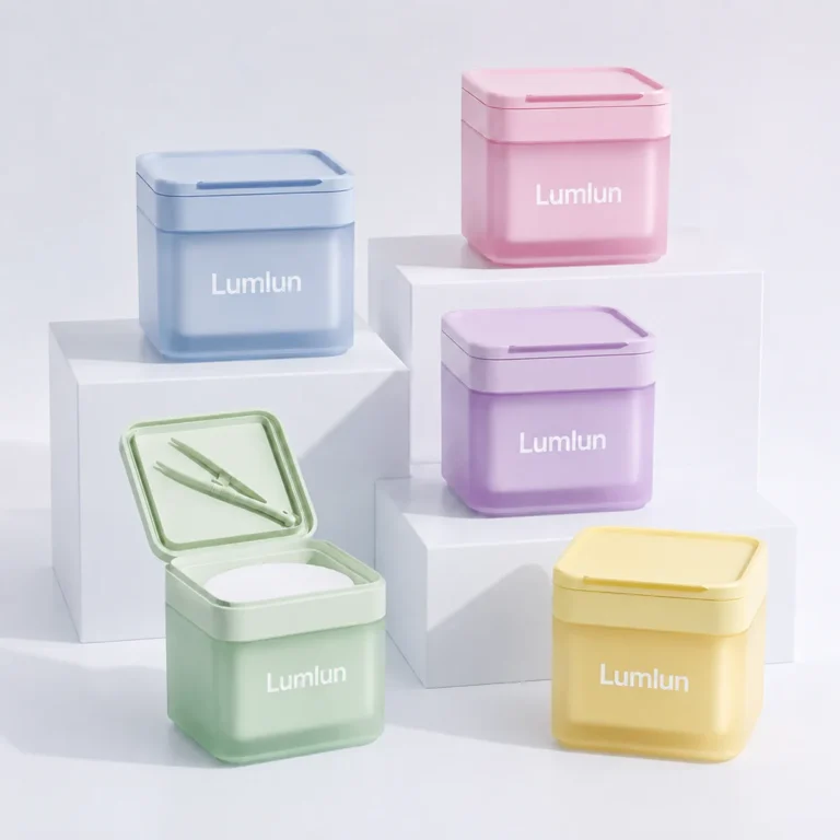 LumLun square toner pad jars in five pastel colors, including an open flip-top jar with lid-mounted tweezers and visible toner pads