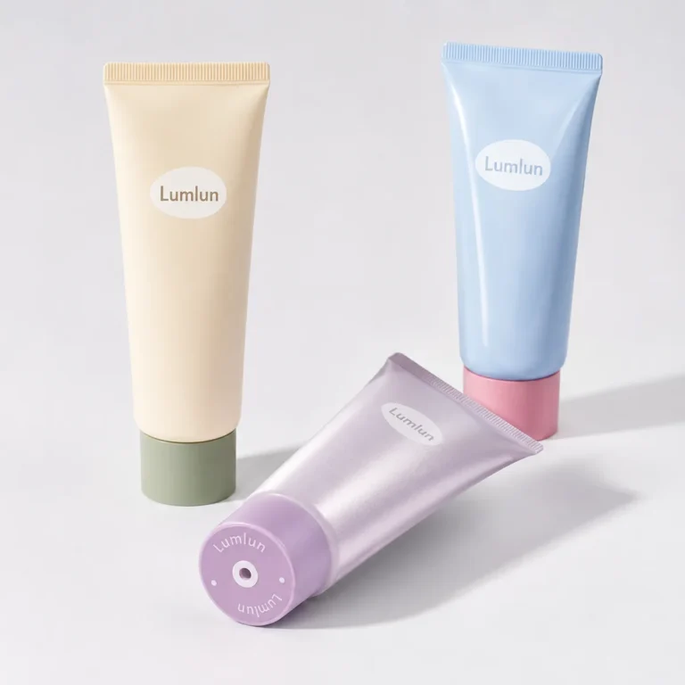 Three LumLun twist top cosmetic tubes in pastel colors arranged upright in a clean studio lighting setup.