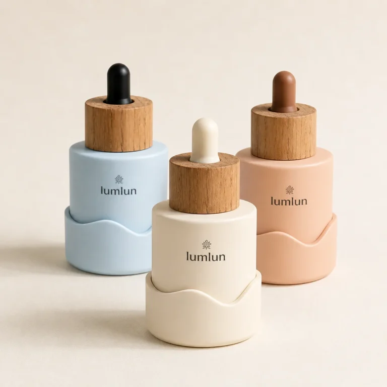 Three wood cap glass dropper bottles arranged in pastel tones with wave-shaped holders on a minimal studio background.