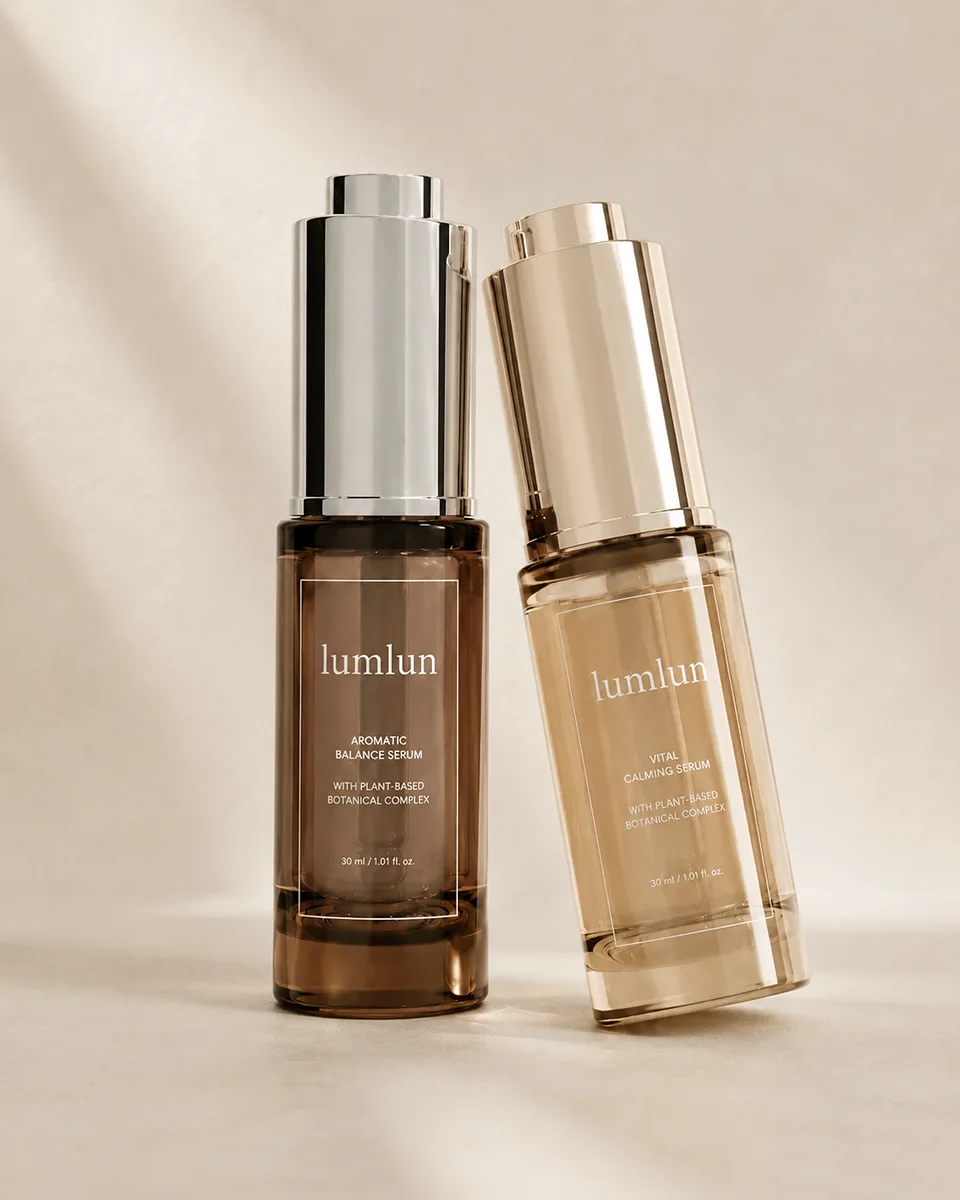 LumLun serum bottles with silver and champagne metallized pump finishes