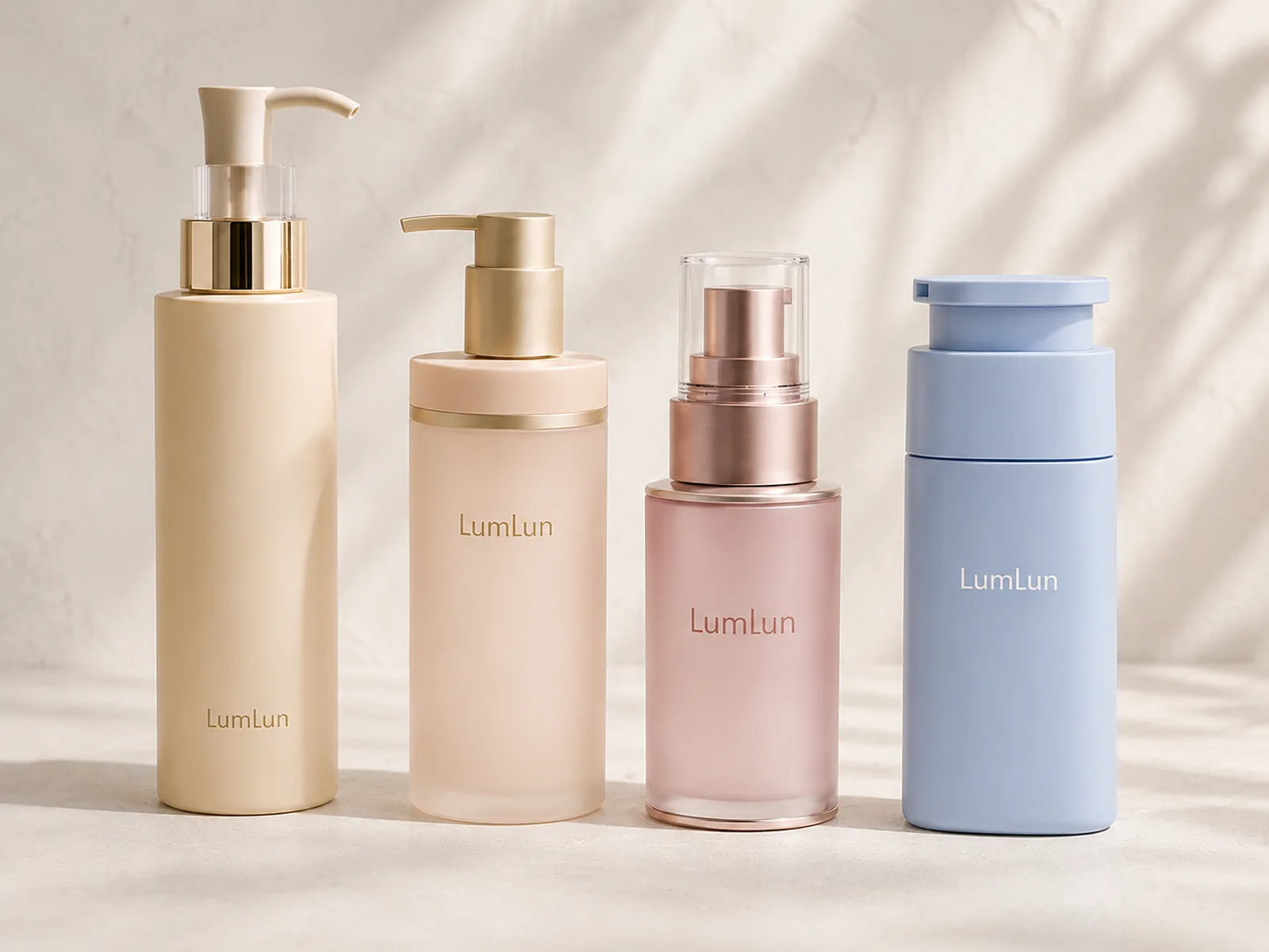 Four LumLun body care packages in cream, peach, rose and blue finishes with lotion pump and airless dispenser designs