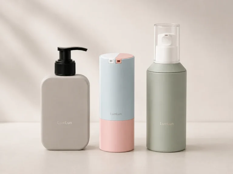 Three LumLun body lotion packaging designs with rectangular, dual-chamber and cylindrical pump bottle shapes
