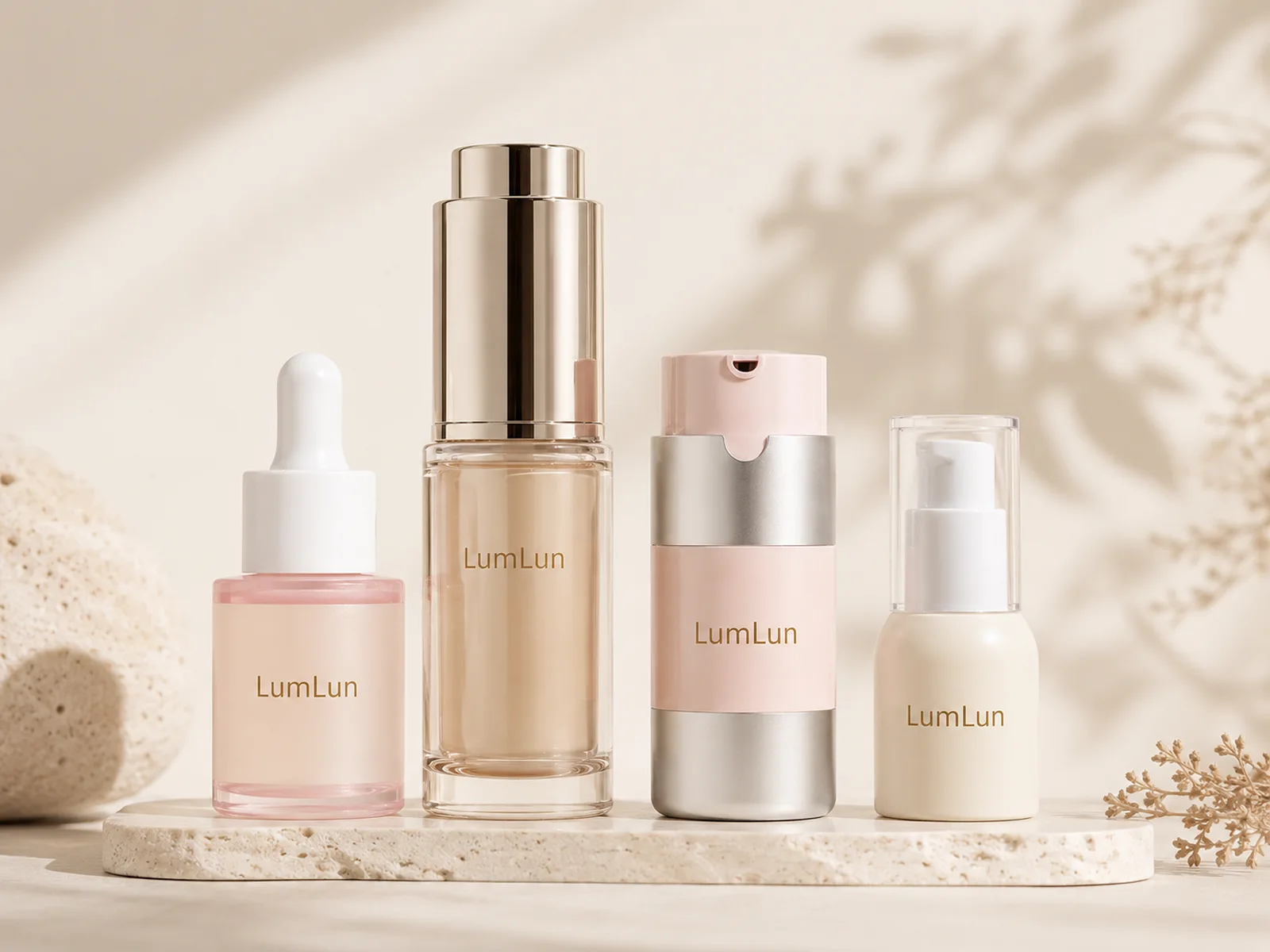 Four LumLun serum packages including a dropper bottle and three pump bottles in blush, champagne and cream finishes