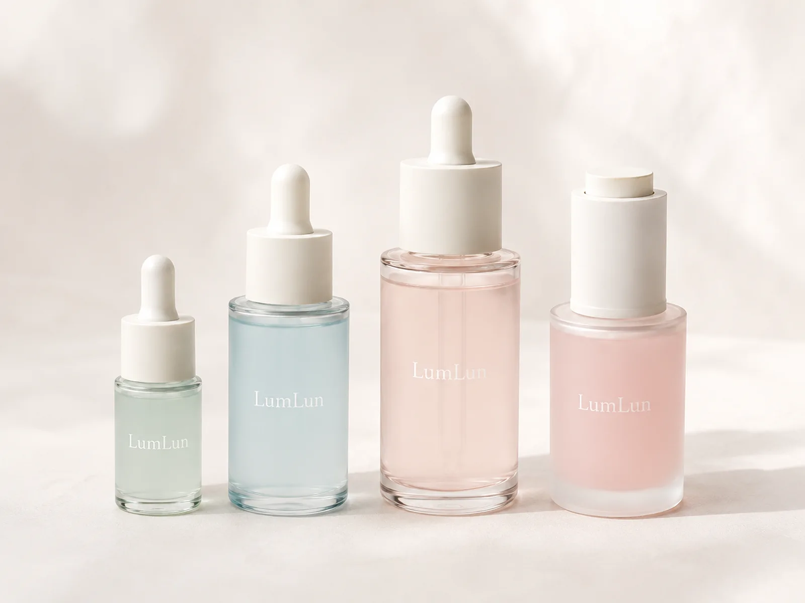 Four LumLun serum bottles in graduated sizes with pastel green, blue and pink finishes, including bulb droppers and a push-button dropper