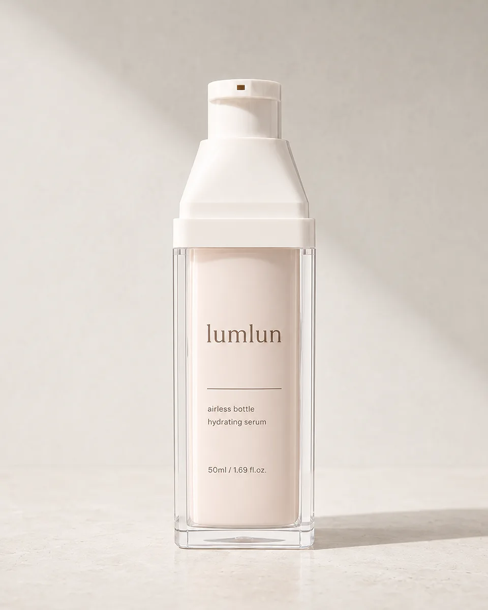 LumLun silk screen printed square airless bottle with logo and fine skincare text