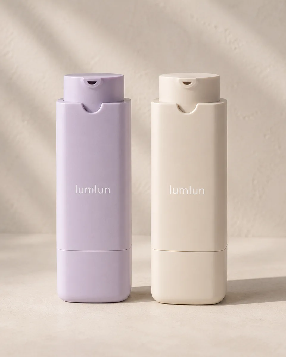 LumLun custom spray color coated rectangular airless bottles in lavender and warm beige