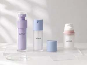 Tres muestras de envases airless LumLun con tapas extraíbles y accesorios transparentes de revisión