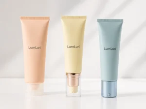 Three LumLun cream tube packaging formats showing a standard squeeze tube, pump tube and airless squeeze tube