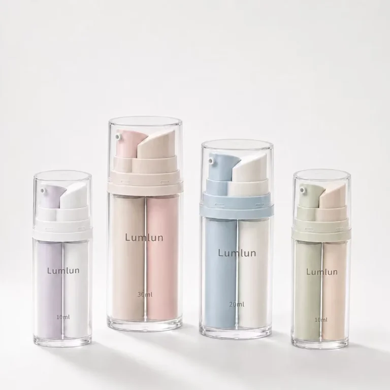 LumLun PP+AS dual-chamber airless pump bottles in three sizes with two formula chambers