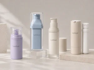 LumLun airless bottles in different materials and structures, including a refillable bottle with replaceable inner container