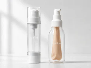 Botella airless transparente de LumLun junto a una botella airless con bolsa flexible interior visible