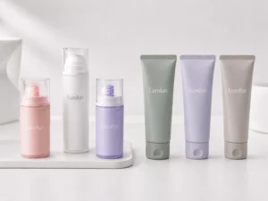 LumLun Airless pump bottles and cosmetic squeeze tubes displayed side by side for skincare packaging comparison