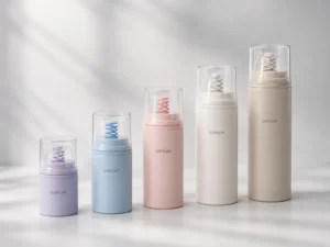 Cinco botellas airless con bomba LumLun ordenadas de menor a mayor dentro de una misma familia de tamaños.