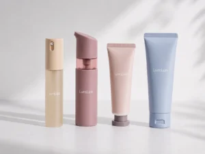Cuatro envases cosméticos LumLun con distintos formatos de dispensador y cierre
