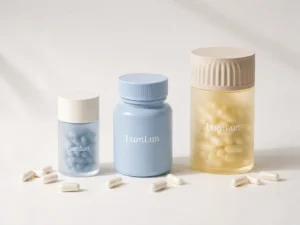 Tres frascos LumLun para suplementos de distintos tamaños y formas con cápsulas blancas sobre un fondo claro