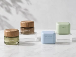 LumLun glass cream jars with wood-effect lids beside square plastic cream jars for skincare packaging comparison