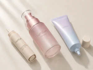 LumLun packaging lineup with a pump bottle and slim cosmetic packages shown together for sunscreen format comparison