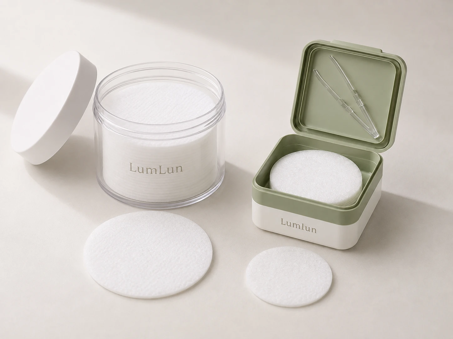 Two open LumLun toner pad jars with different pad diameters and jar openings