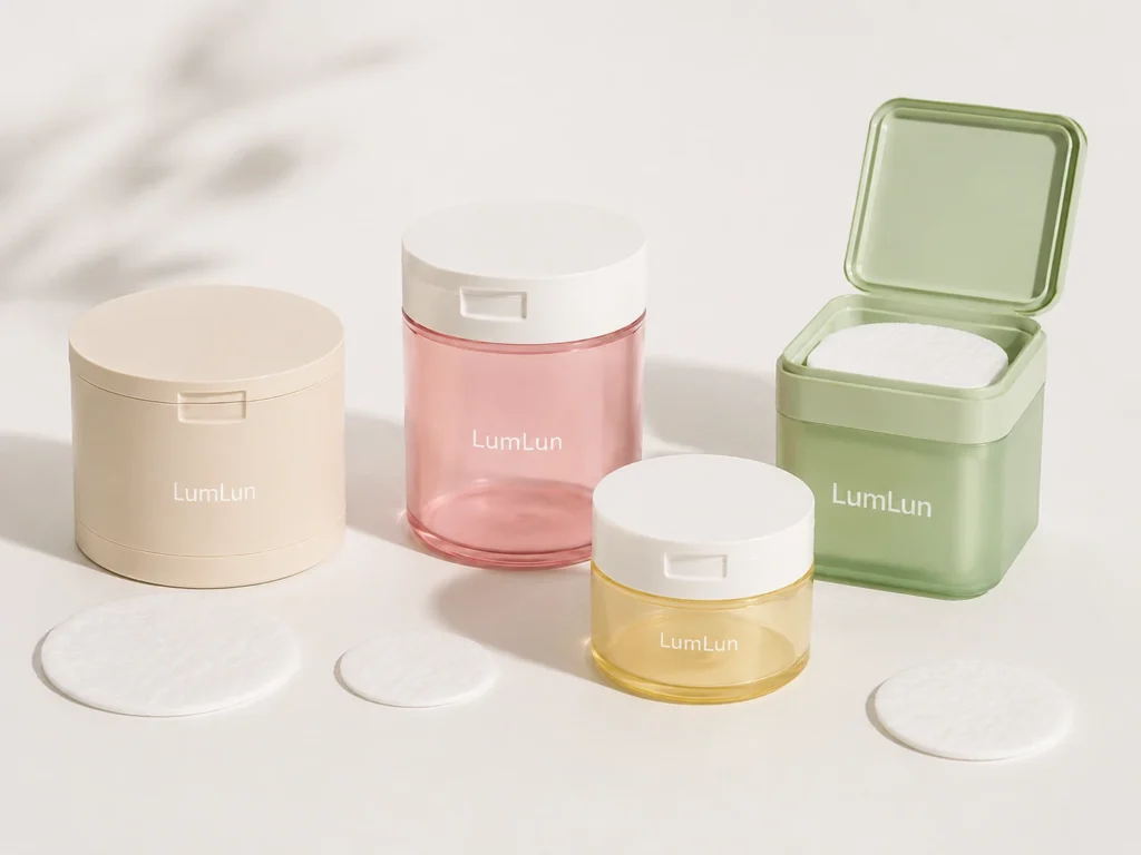 LumLun toner pad jars in different sizes and shapes with round toner pads for jar size selection