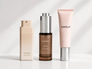 LumLun airless pump bottle, serum bottle and cosmetic tube shown side by side for retinol skincare packaging comparison