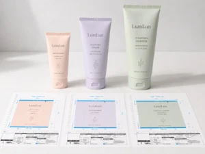 Drei LumLun-Kosmetiktuben in unterschiedlichen Größen mit illustrativen Druckvorlagen für die Tubenbedruckung