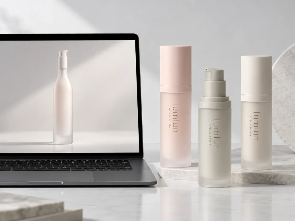 AI airless bottle concept on a laptop beside three real LumLun airless packaging models