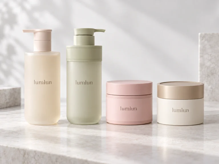 LumLun body care packaging with large lotion pump bottles and cream jars