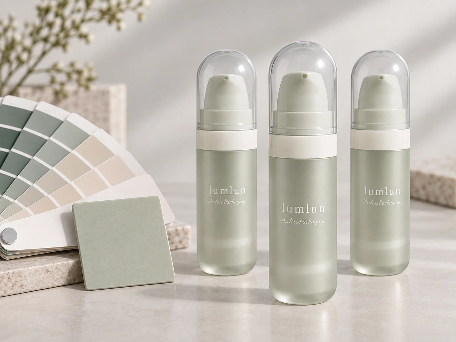 LumLun airless pre-production samples beside color swatches and a physical color sample
