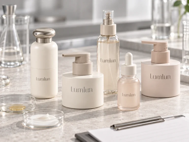 LumLun cosmetic packaging compatibility testing scene with multiple filled samples, pumps, droppers, jars, and formula dishes.