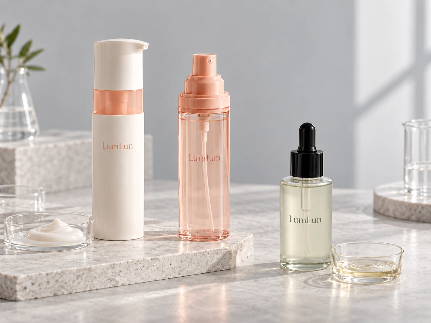 LumLun pump bottle, spray bottle, and dropper bottle prepared for real formula compatibility testing.