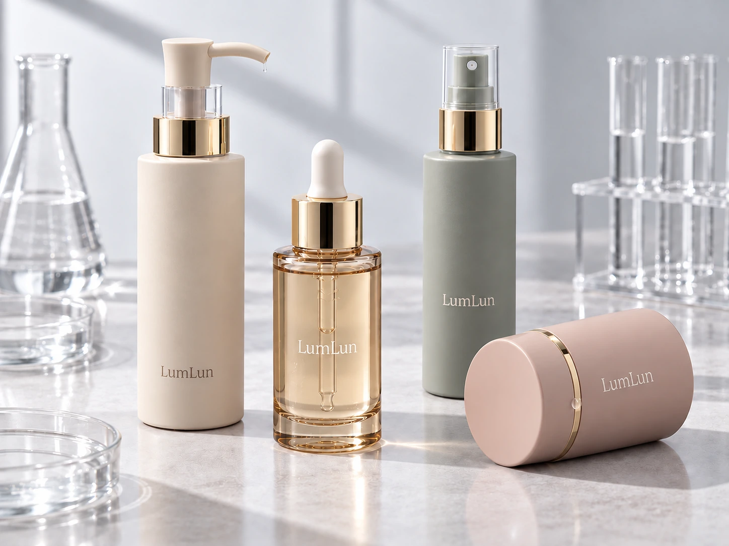 LumLun lotion pump, dropper bottle, and spray bottle shown for leakage and dispensing compatibility review.