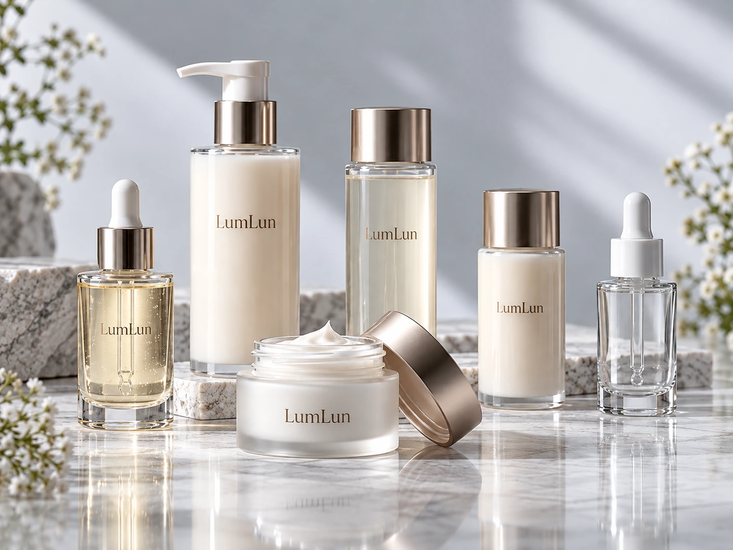 LumLun filled skincare packaging sample set used for pre-production compatibility confirmation before mass production.