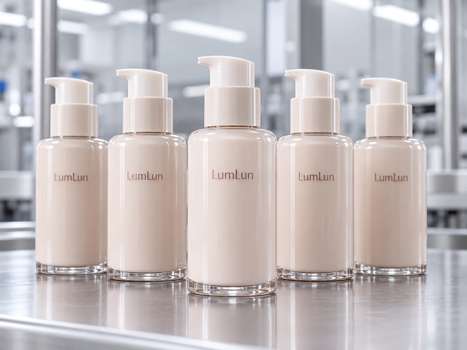 LumLun lotion pump bottles arranged for bulk appearance and batch consistency inspection