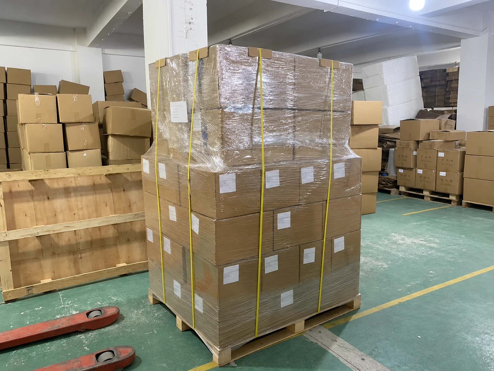 Cosmetic packaging cartons palletized and wrapped for shipment