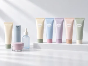 LumLun cosmetic packaging stock samples beside branded cosmetic tube samples