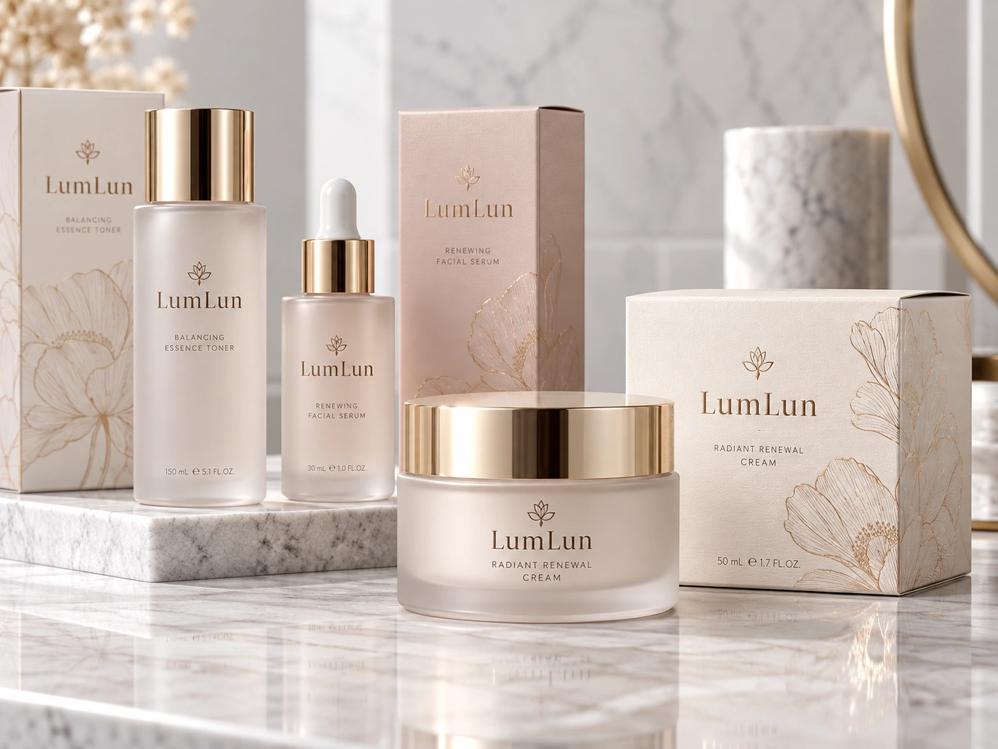Envases cosméticos de lujo LumLun con envase primario, cajas de cartón y muestras de preproducción coordinadas para revisar la apariencia final