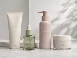 Tubo cosmético, frasco cuentagotas, frasco con bomba y tarro de crema LumLun juntos