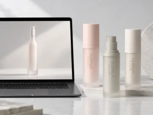 KI-Konzept einer Airless-Flasche auf einem Laptop neben drei realen LumLun Airless-Verpackungsmodellen