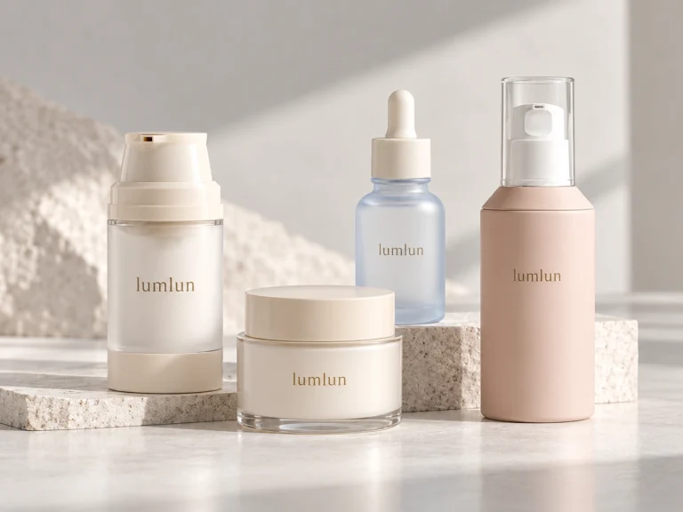 LumLun luxury cosmetic packaging collection with airless bottle, cream jar, dropper bottle and lotion bottle in a coordinated premium design